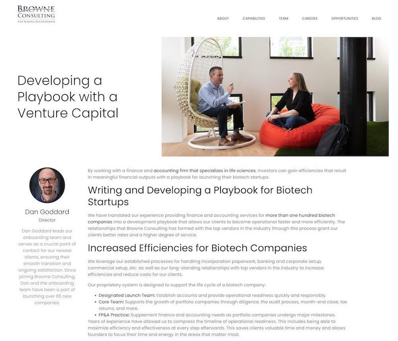 Our client, Browne Consulting, a finance and accounting firm for life science companies, uses guest writing to have members of their team discuss specific topics on the blog as experts in the industry.