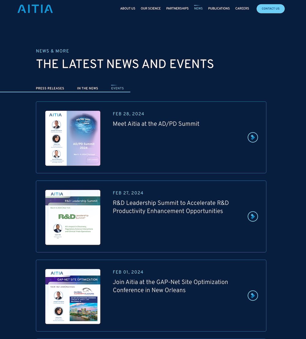 Our client, Aitia, a leading AI-enabled biotech company, highlights recent events on their news page to keep their visitors informed of the latest events.